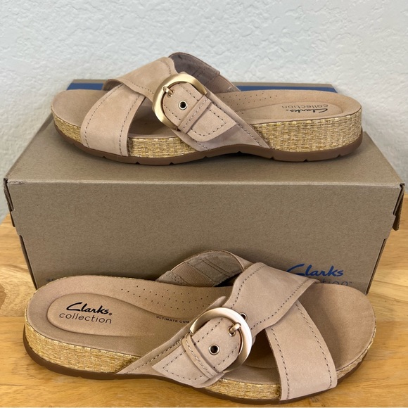 Clarks Collection Leather Slide Sandals Reileigh May Beige Size 10W - Picture 2 of 9